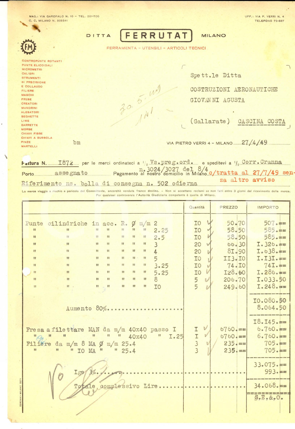Manoscritto, lettera originale 1949 MILANO Ditta FERRUTAT Ferramenta  utensili Fattura intestata 1