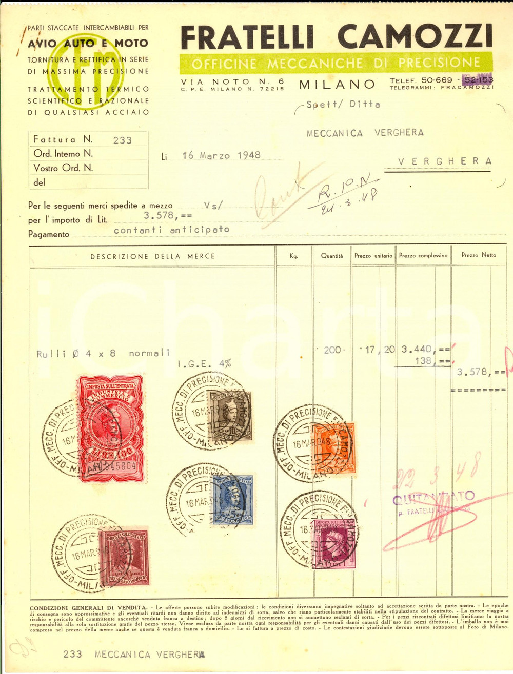 Documento originale, autentico 1948 MILANO Fratelli CAMOZZI Officine meccaniche di precisione Fattura bolli 1