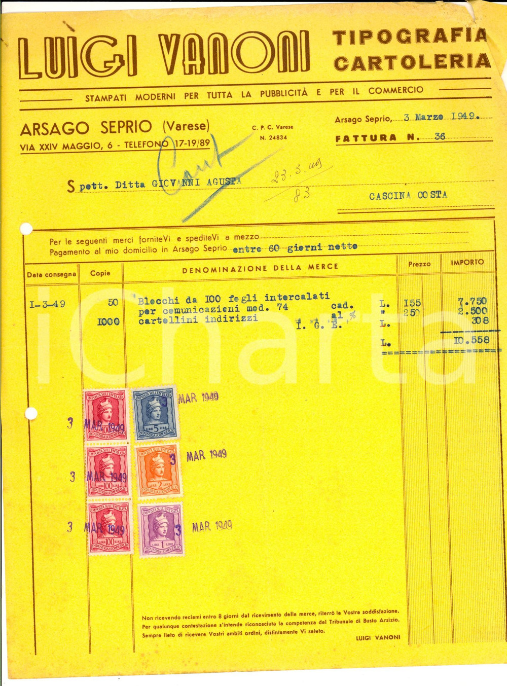 Documento originale, autentico 1949 ARSAGO SEPRIO Luigi VANONI tipografia Fattura intestata con bolli 1