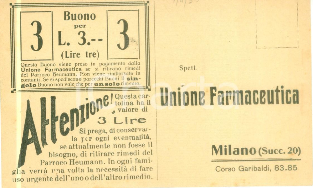 Cartolina originale da collezione 1920 ca MILANO Unione Farmaceutica Rimedi Parroco HEUMANN Cartolina FP NV 1