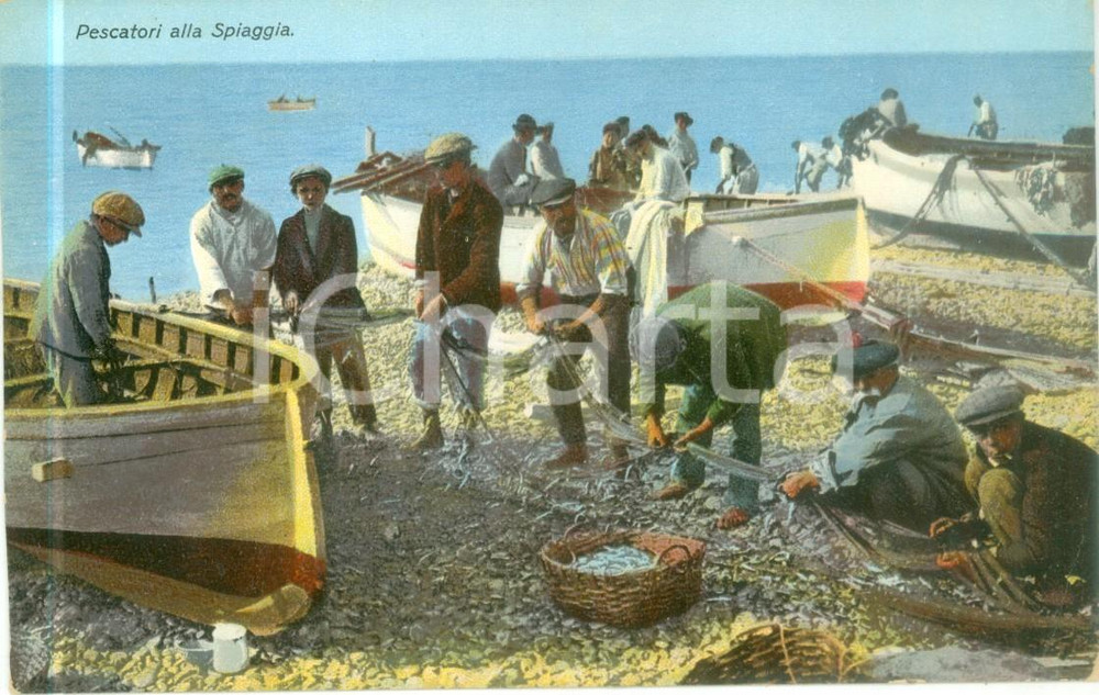 Cartolina originale da collezione 1945 ca GENOVA Pescatori alla spiaggia Cartolina ILLUSTRATA FP NV 1