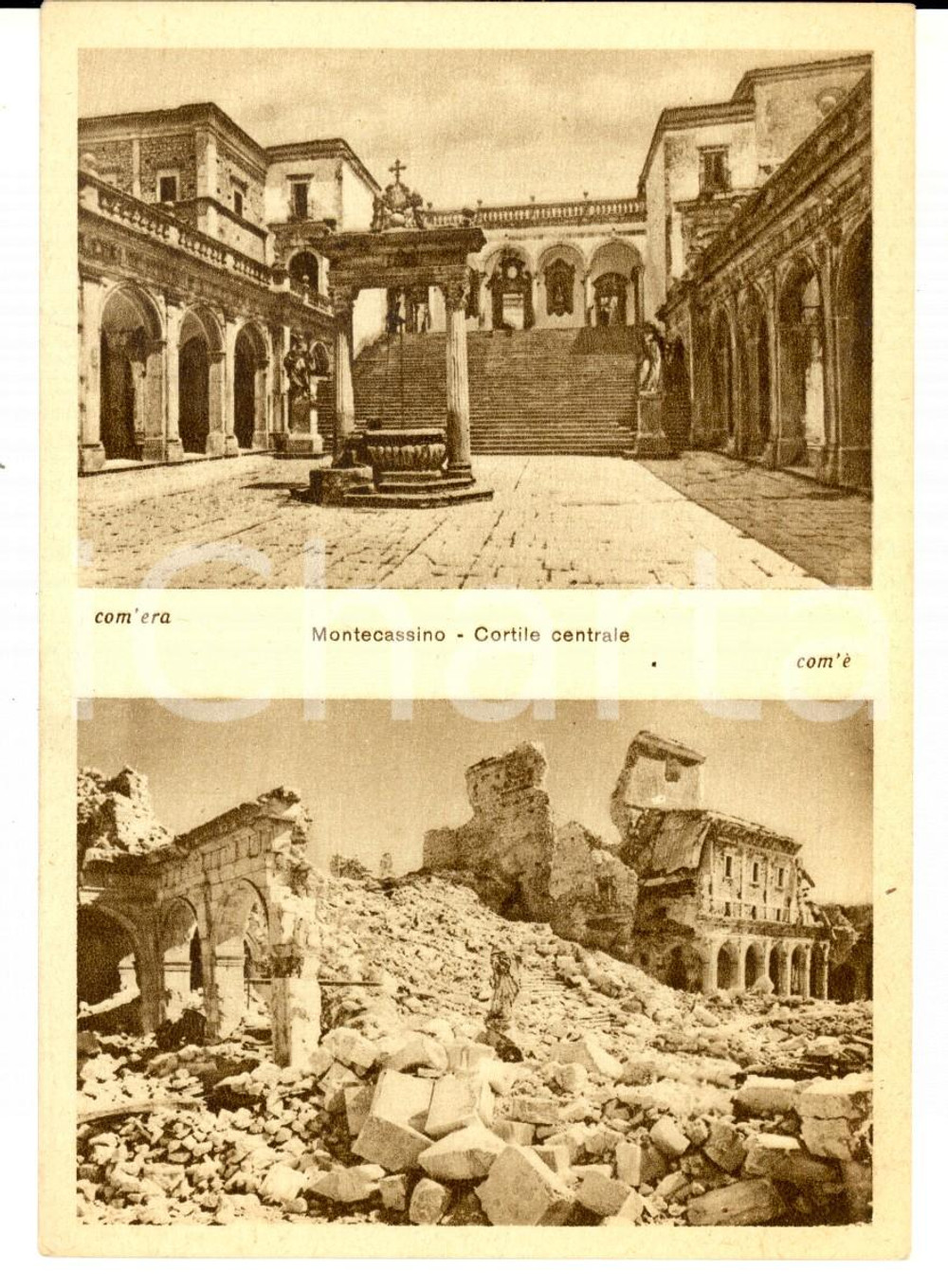 Cartolina originale da collezione 1945 ca ABBAZIA DI MONTECASSINO Veduta prima e dopo il bombardamento Cartolina 1