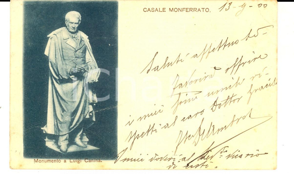 Cartolina originale da collezione 1900 CASALE MONFERRATO AL Monumento a Luigi CANINA Cartolina FP VG 1