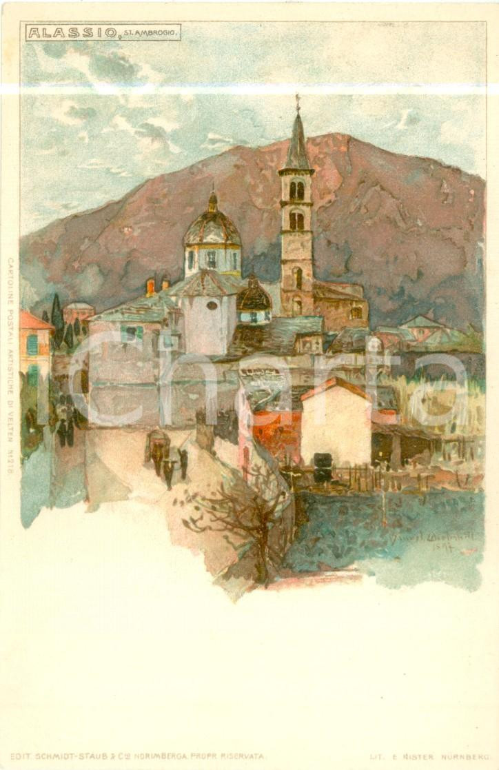 Cartolina originale da collezione 1900 ca ALASSIO SV Veduta di Sant Ambrogio Cartolina ILLUSTRATA FP NV 1