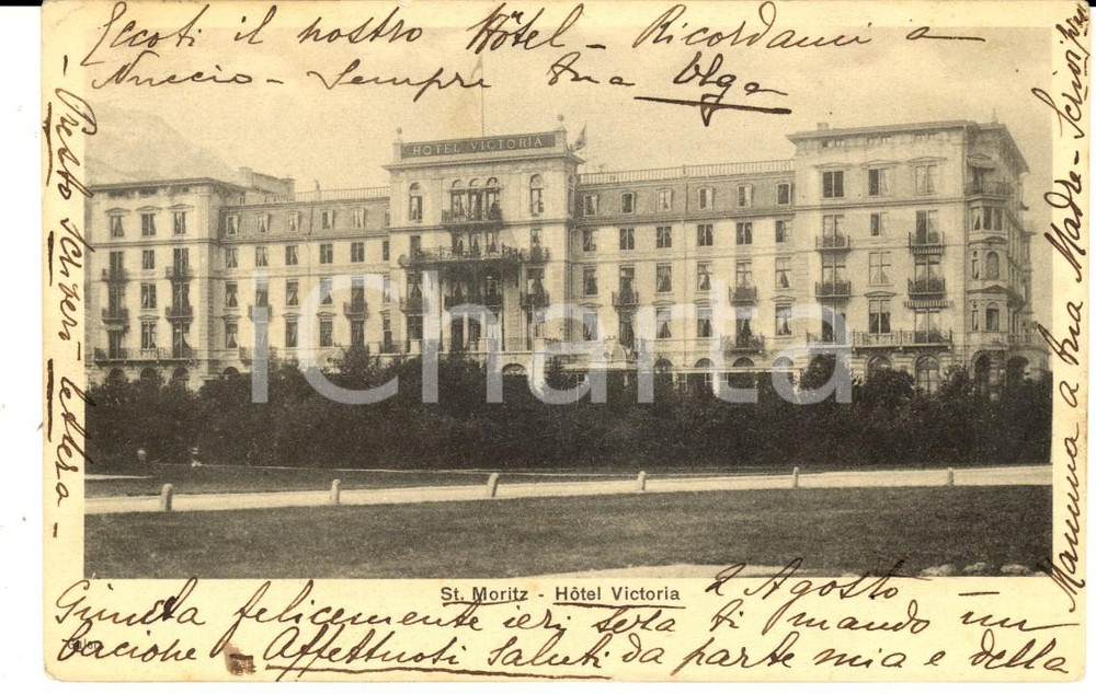 Cartolina originale da collezione 1904 ST. MORITZ SVIZZERA Veduta dell Hotel VICTORIA Cartolina postale FP VG 1