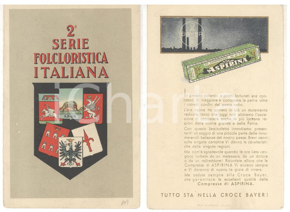 Materiale pubblicitario d’epoca 1950 ca Cartolina ASPIRINA BAYER 2 Serie Folcloristica Italiana Pubblicitaria 1
