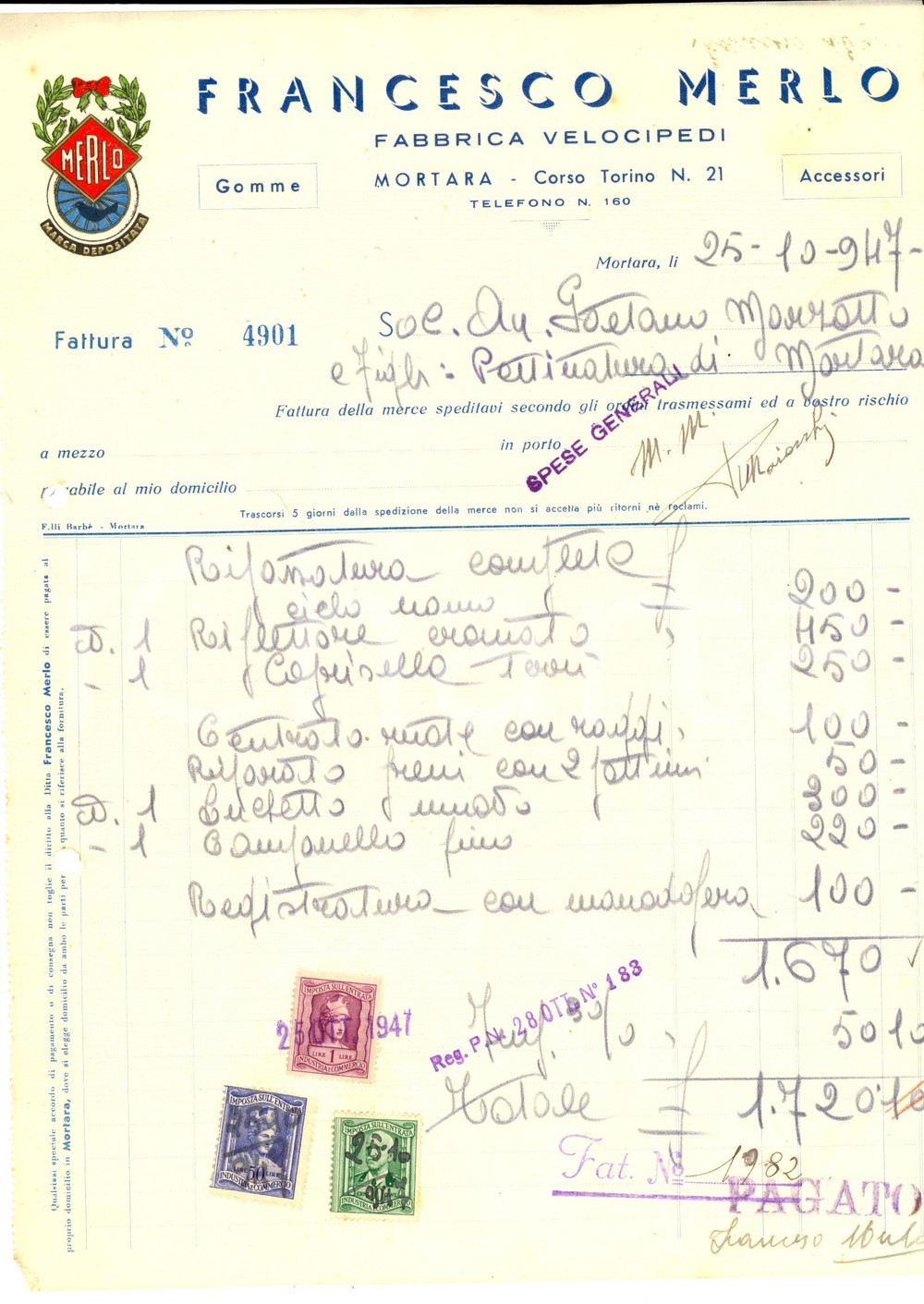 Documento originale, autentico 1947 MORTARA PV Ditta Francesco MERLO Fabbrica velocipedi Fattura intestata 1