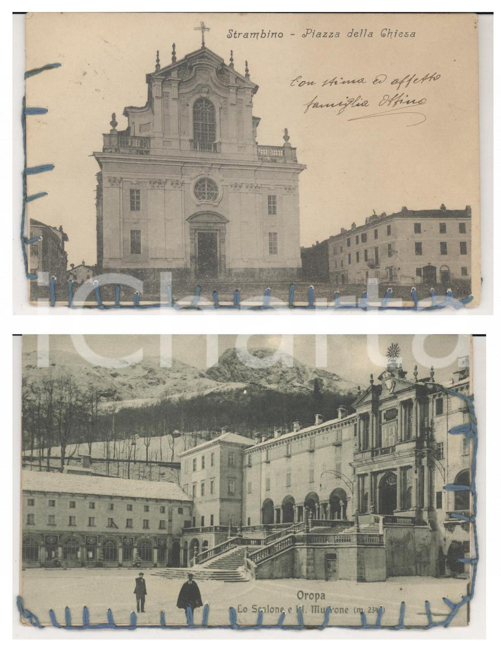 Cartolina originale da collezione 1910 ca STRAMBINO Piazza della Chiesa  OROPA Scalone Cartoline CUCITE FP 1