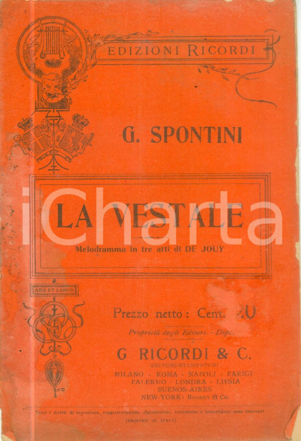Oggetto da collezione cartaceo 1908 Gaspare SPONTINI Victor DE JOUY La vestale  Melodramma DANNEGGIATO 1