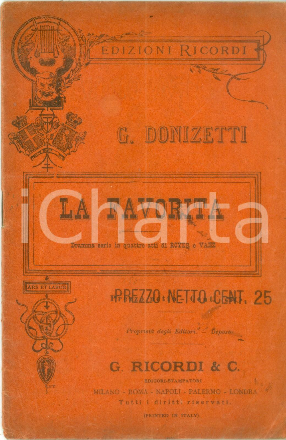 Oggetto da collezione cartaceo 1910 ca Gaetano DONIZETTI La Favorita Dramma serio Edizioni RICORDI DANNEGGIATO 1