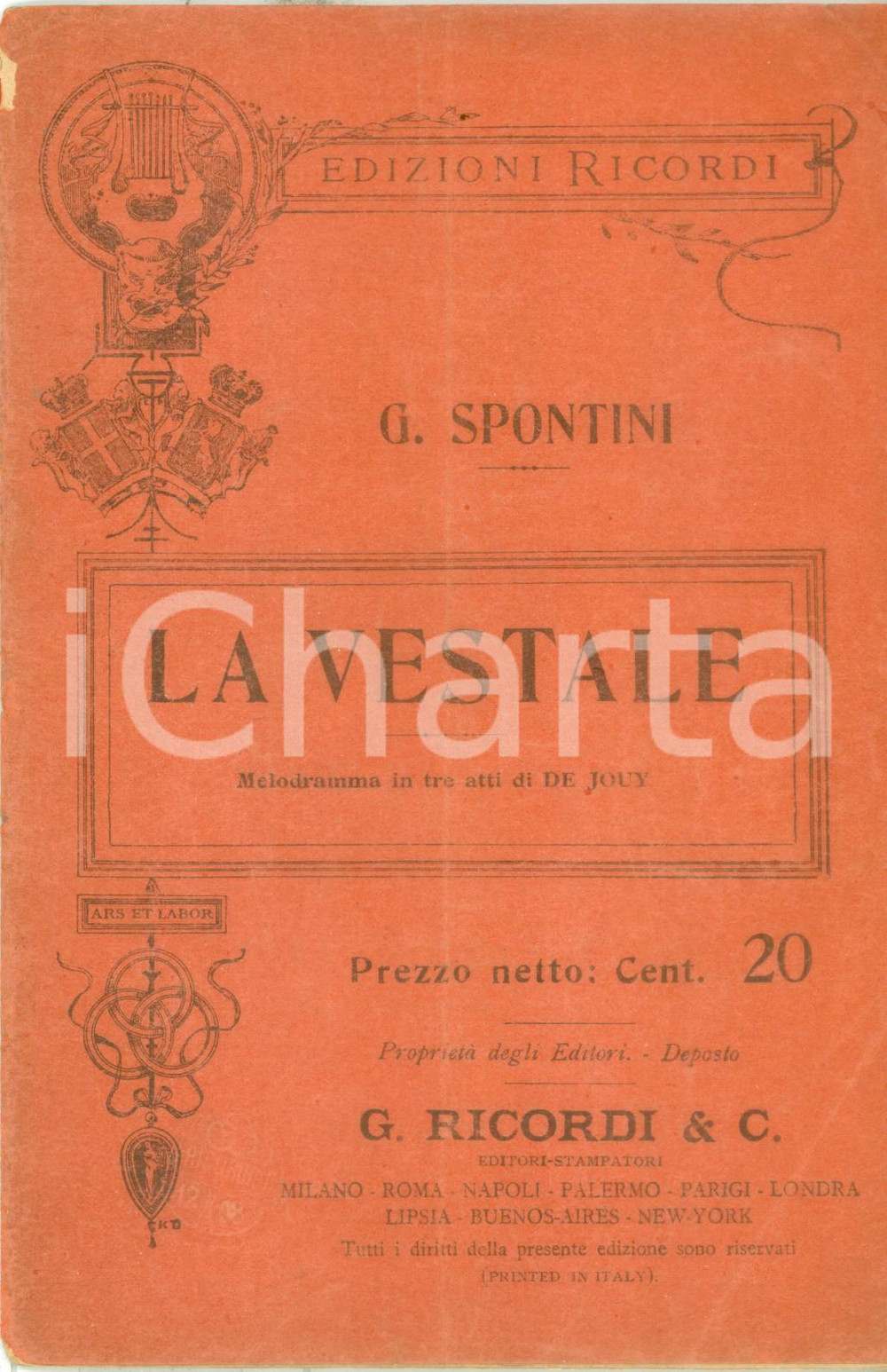Oggetto da collezione cartaceo 1918 Gaspare SPONTINI La vestale Melodramma in tre atti Edizioni RICORDI 1