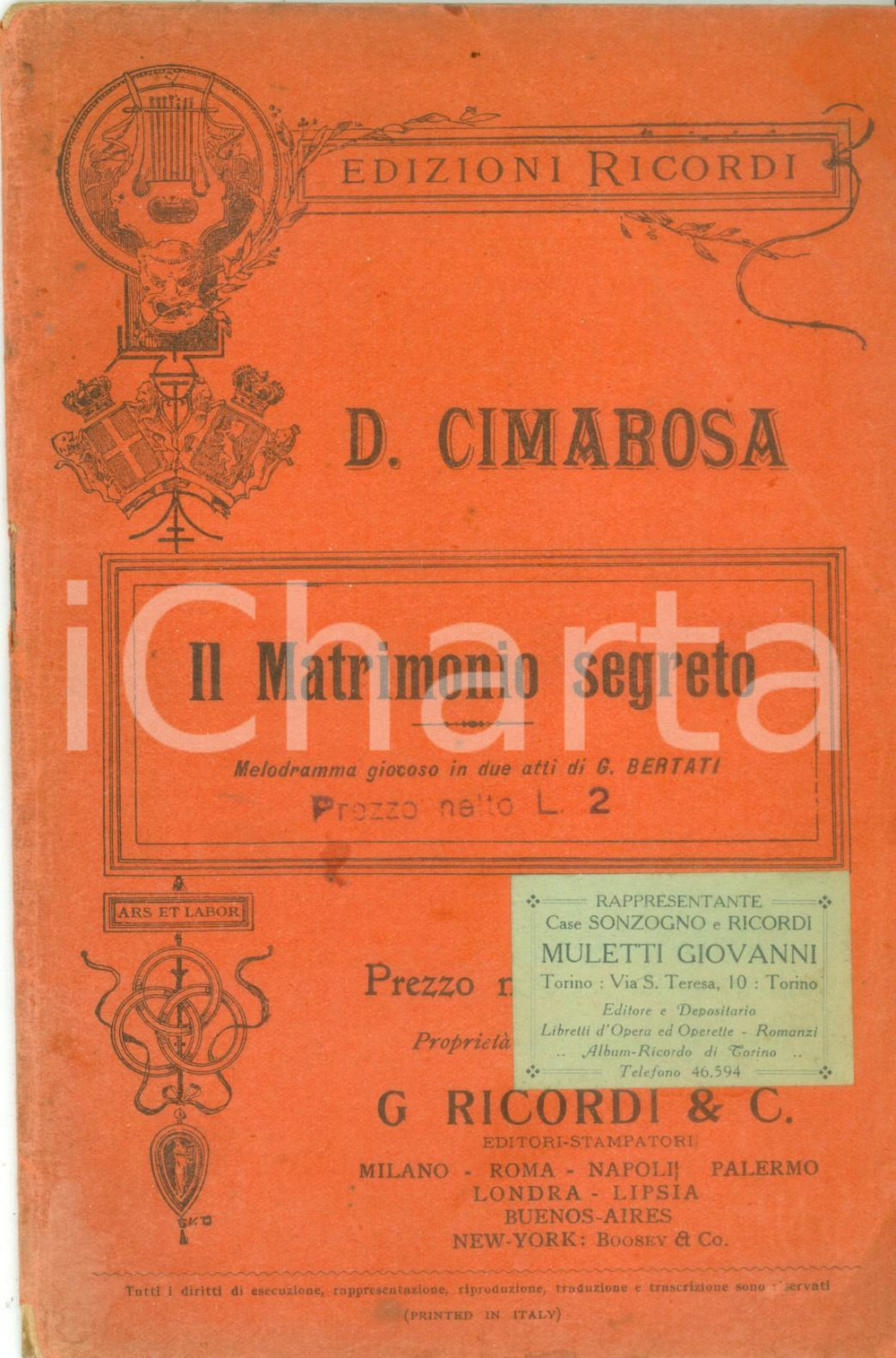 Oggetto da collezione cartaceo 1910 Domenico CIMAROSA Il Matrimonio segreto Melodramma giocoso Ed. RICORDI 1