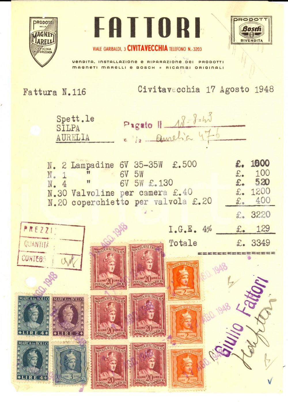 Documento originale, autentico 1948 CIVITAVECCHIA RM Ditta FATTORI prodotti MAGNETI MARELLI Fattura 1