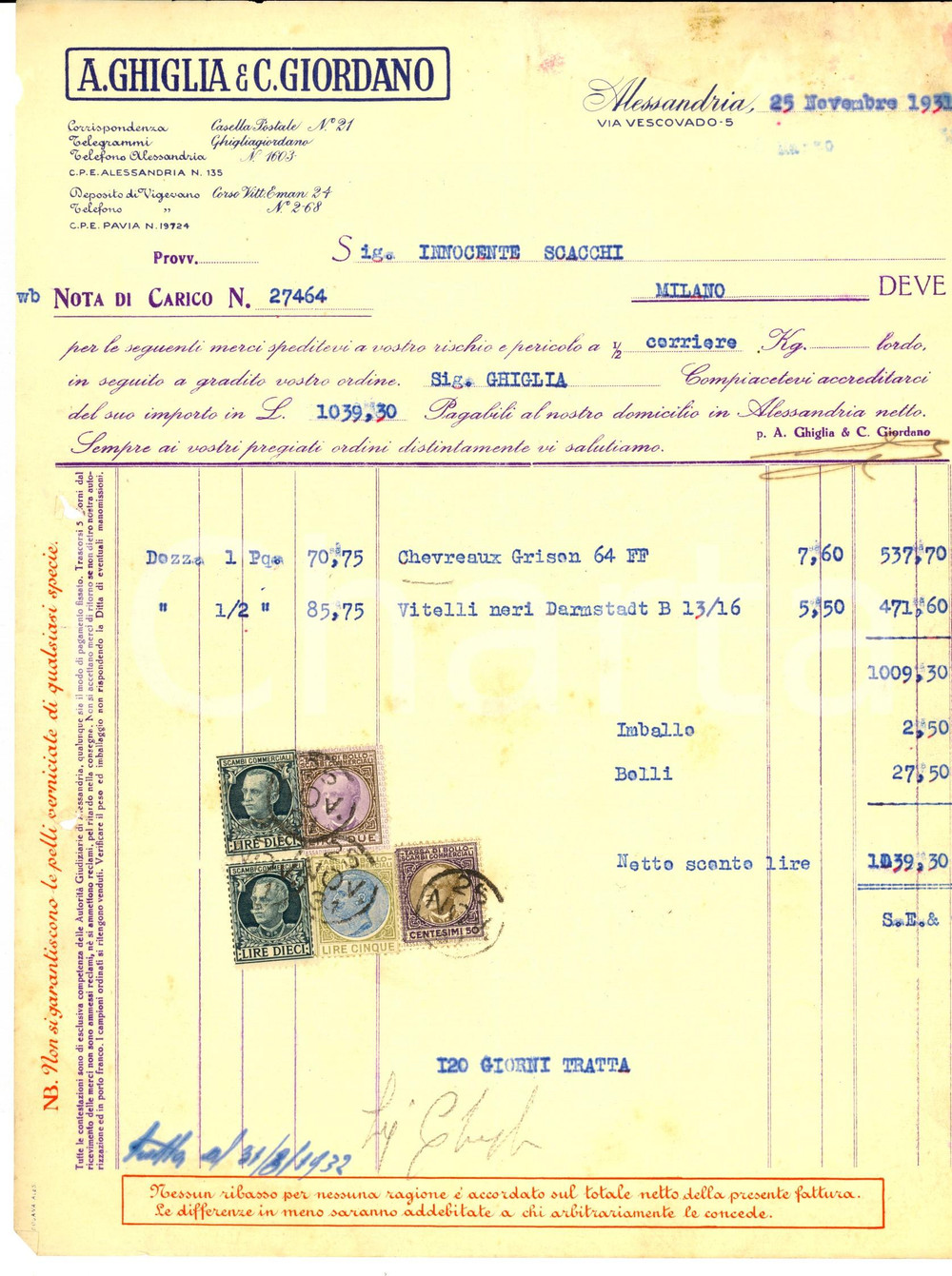 Documento originale, autentico 1931 ALESSANDRIA Ditta A. GHIGLIA & C. GIORDANO Fattura con bolli 1