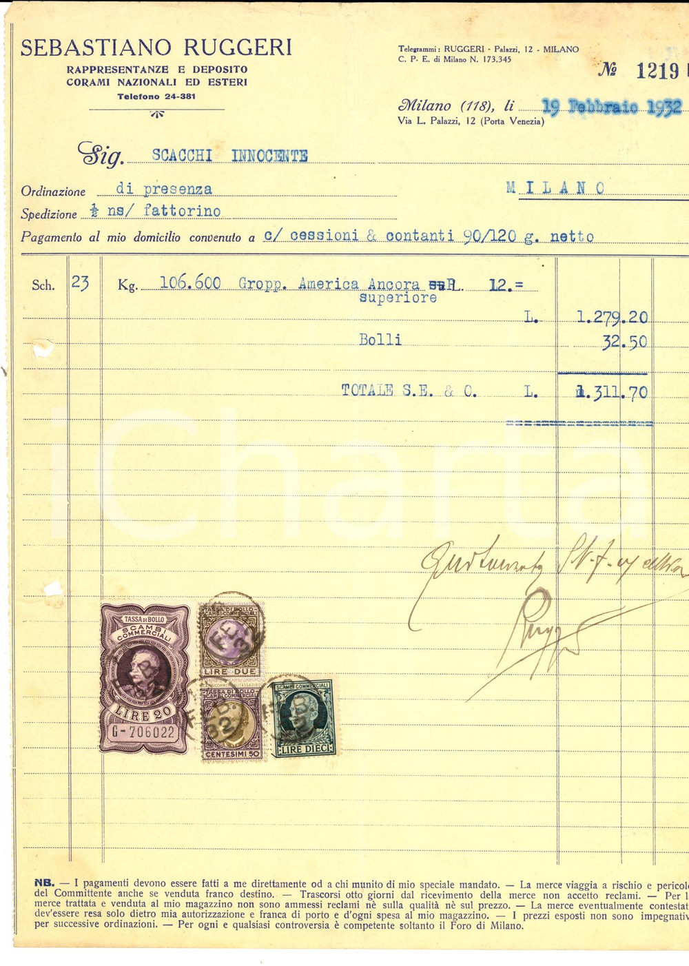 Documento originale, autentico 1932 MILANO Ditta Sebastiano RUGGERI Corami nazionali ed esteri Fattura 1