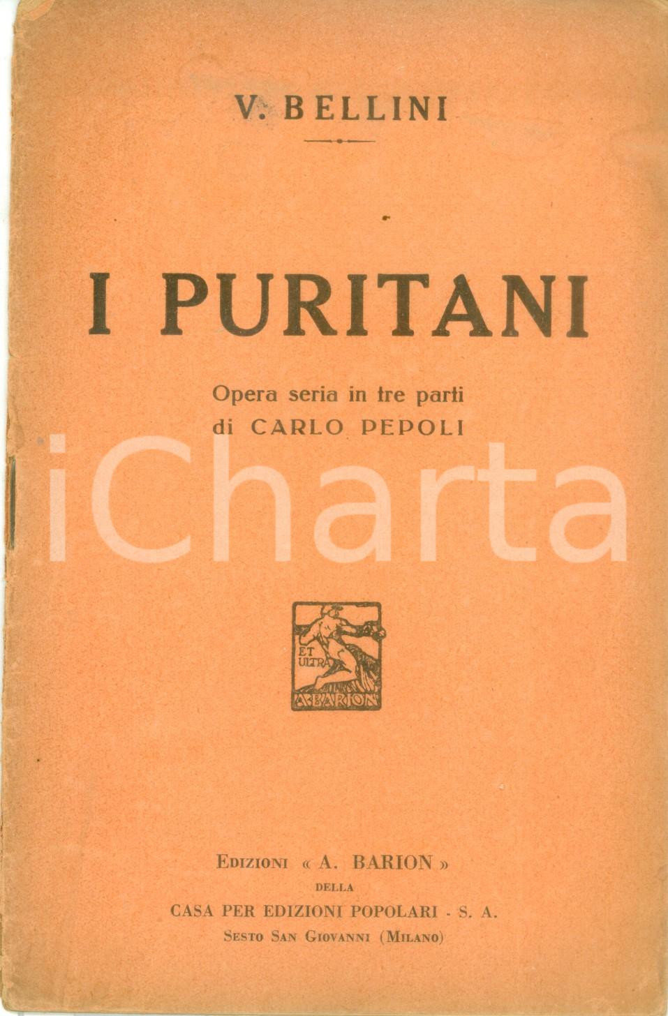 Oggetto da collezione cartaceo 1930 ca Vincenzo BELLINI Carlo PEPOLI I puritani Opera seria Edizioni BARION 1