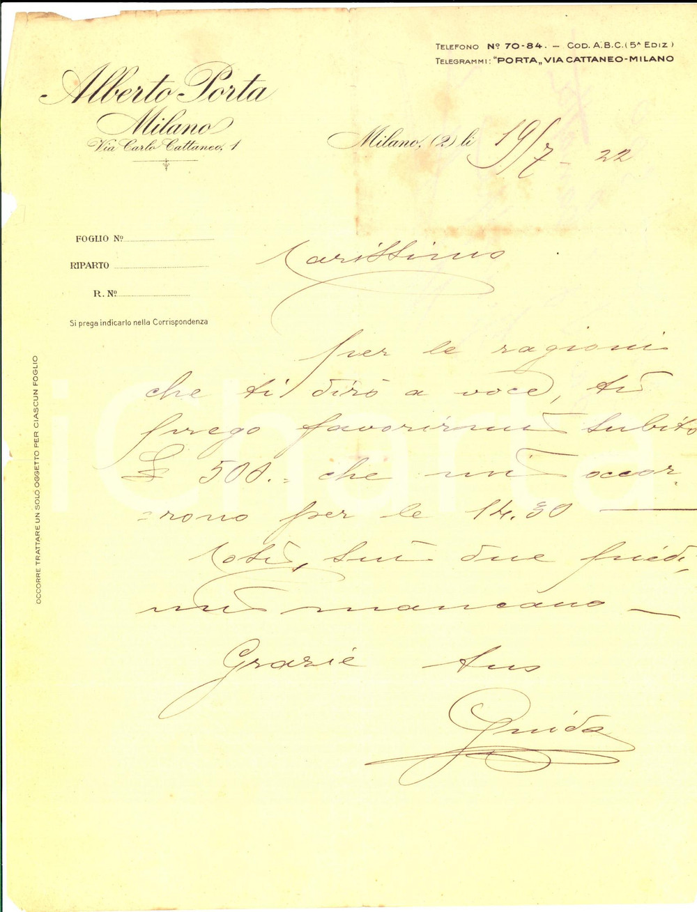 Documento originale, autentico 1922 MILANO Ditta Alberto PORTA richiede saldo debito Lettera carta intestata 1