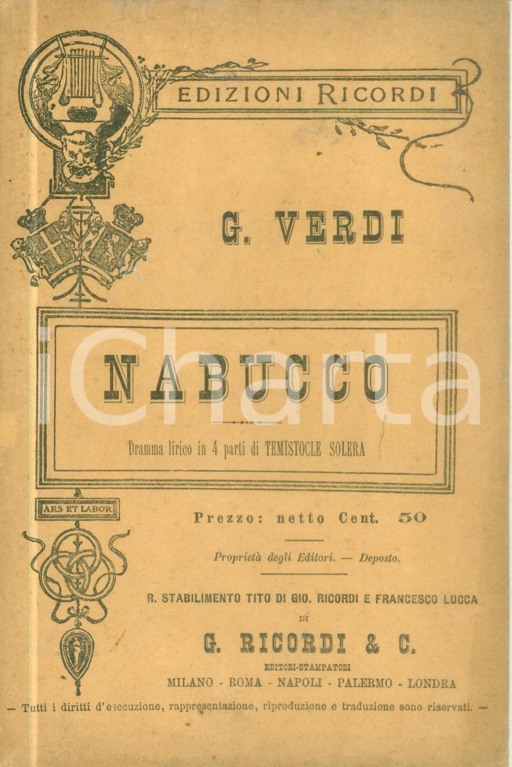 Oggetto da collezione cartaceo 1890 Giuseppe VERDI Temistocle SOLERA Nabucco Dramma lirico Edizioni RICORDI 1