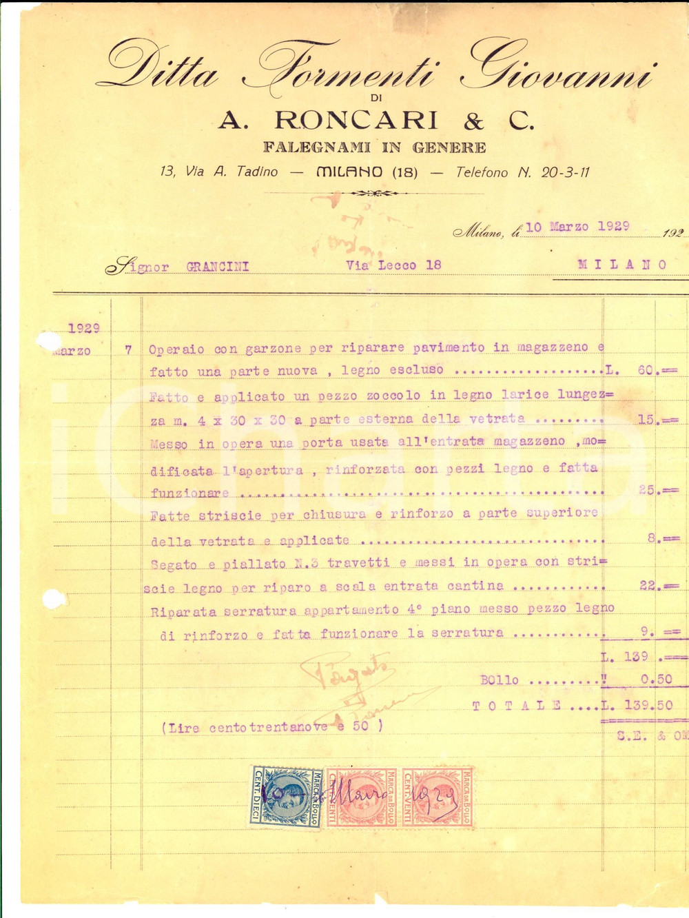 Documento originale, autentico 1929 MILANO Ditta Giovanni FORMENTI di A. RONCARI Falegnami Fattura intestata 1