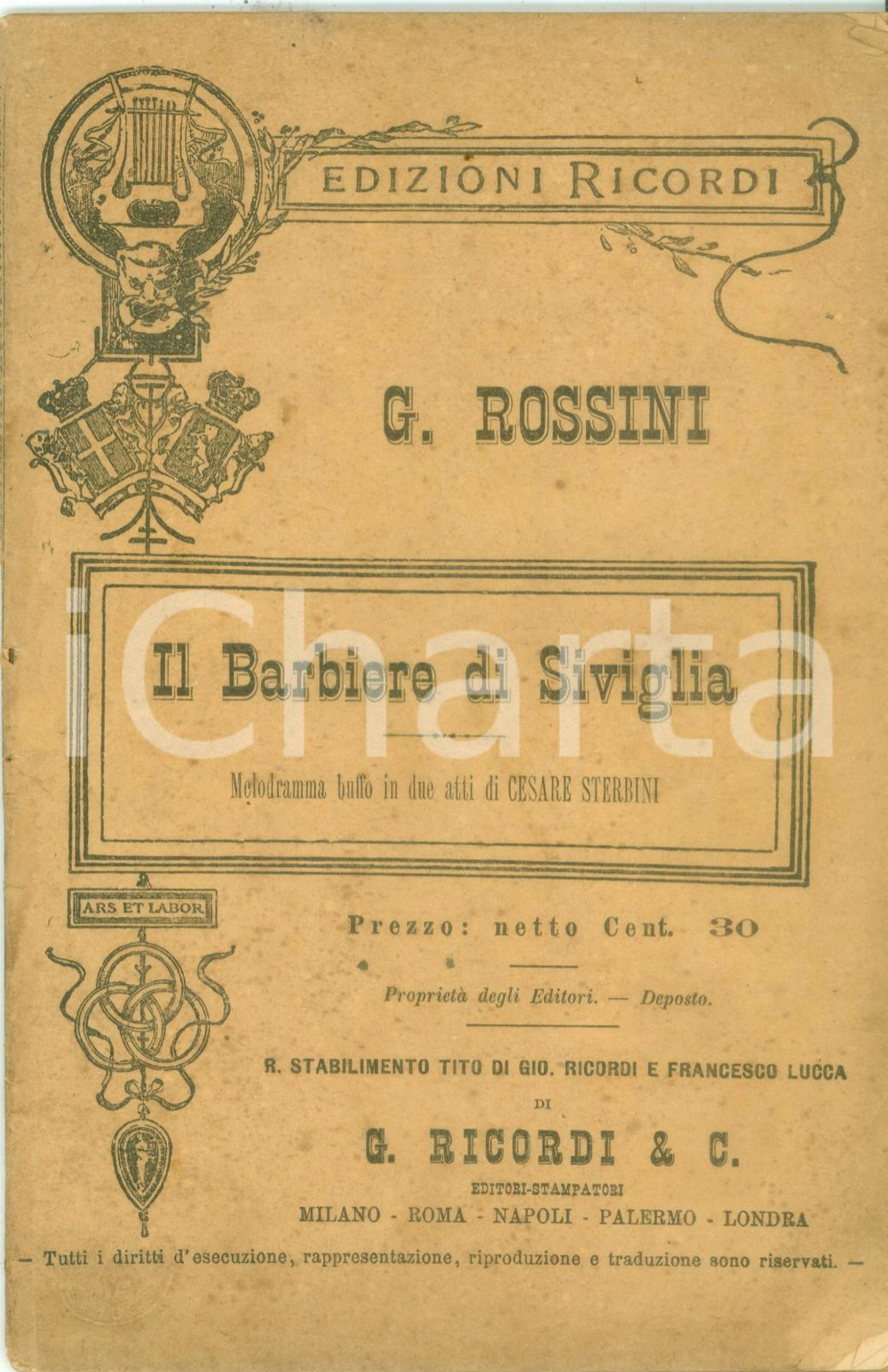 Oggetto da collezione cartaceo 1889 Gioachino ROSSINI Il barbiere di SIVIGLIA melodramma buffo Edizioni RICORDI 1