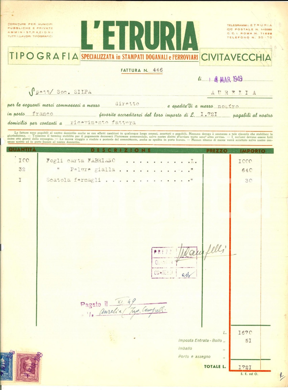 Documento originale, autentico 1949 CIVITAVECCHIA RM Tipografia L ETRURIA Stampati doganali Fattura 1