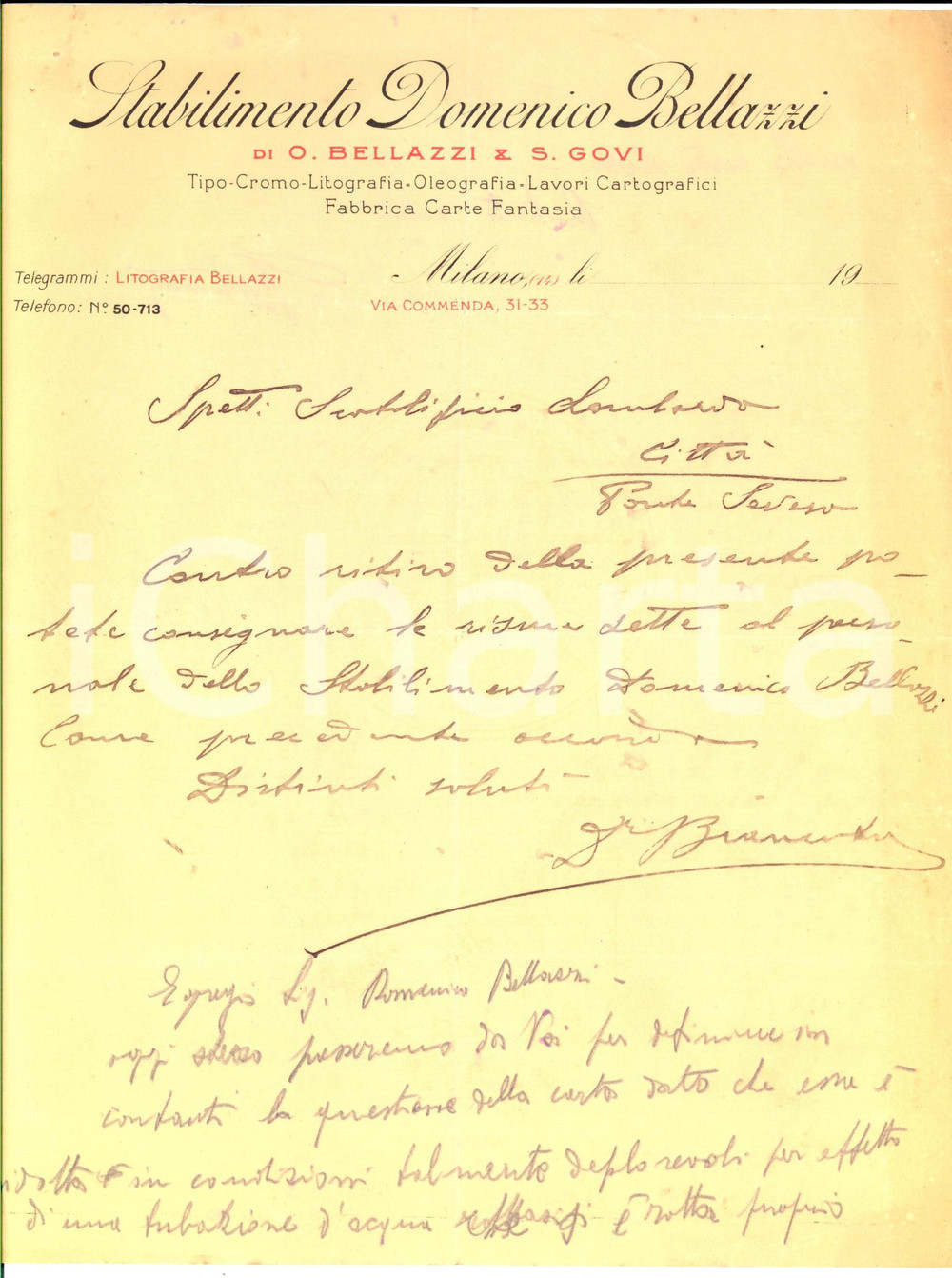 Documento originale, autentico 1930 ca MILANO Stabilimento Domenico BELLAZZI Lettera su carta intestata 1