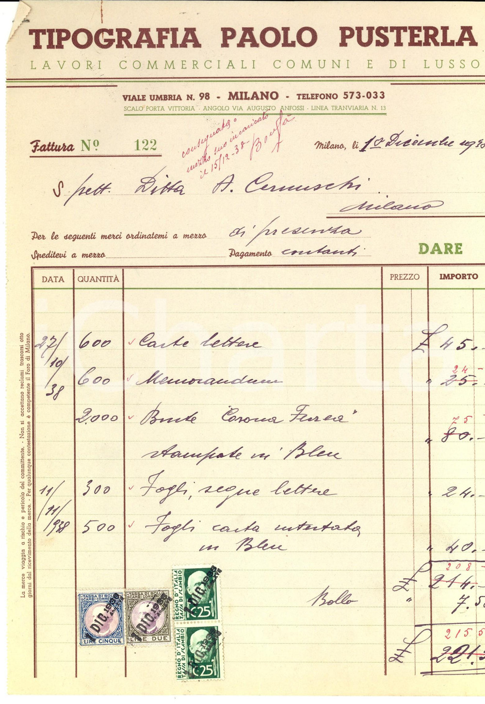 Documento originale, autentico 1938 MILANO Tipografia Paolo PUSTERLA Lavori di lusso Fattura intestata 1