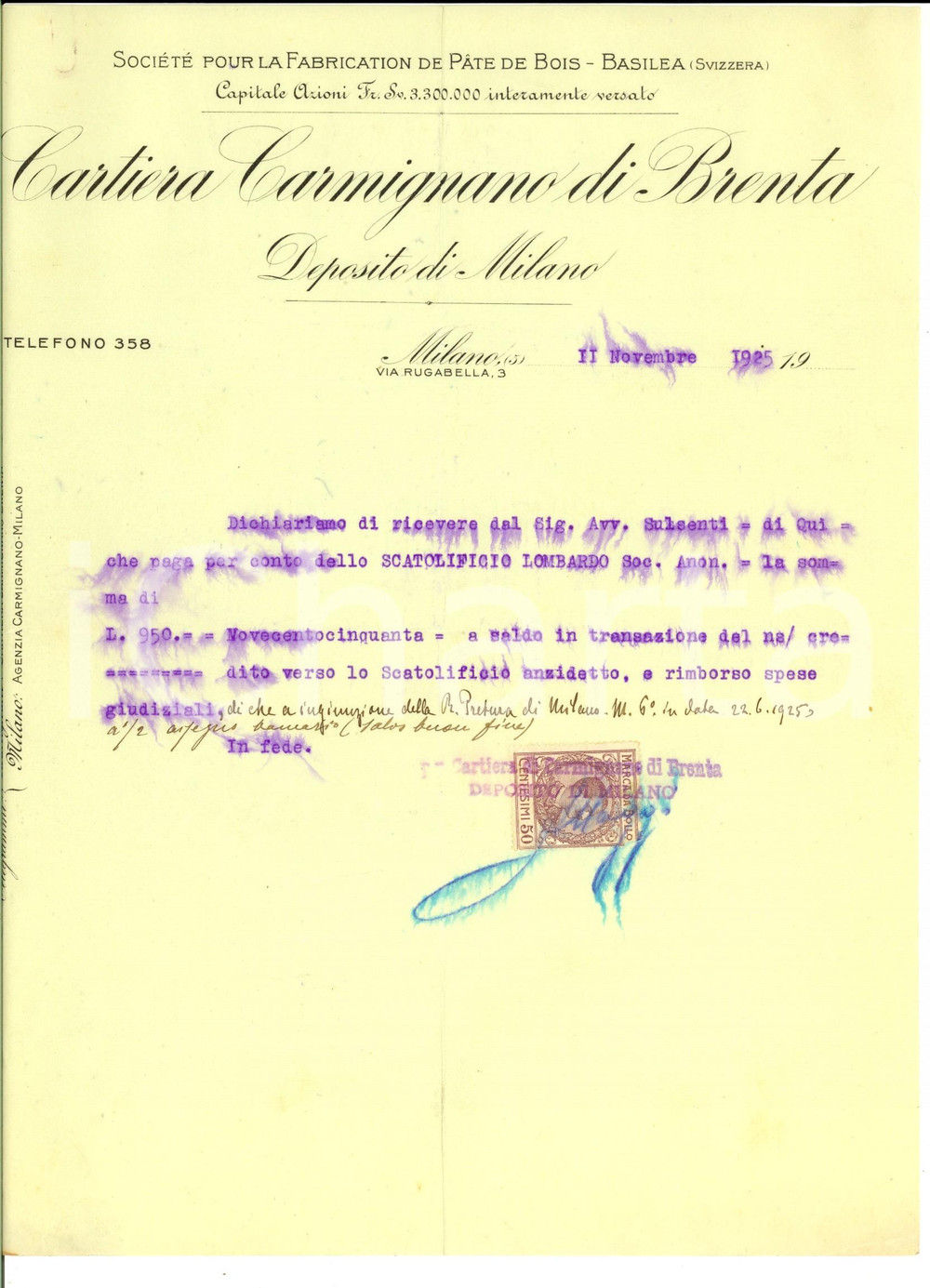 Documento originale, autentico 1925 MILANO Cartiera CARMIGNANO DI BRENTA  Ricevuta con bollo 1