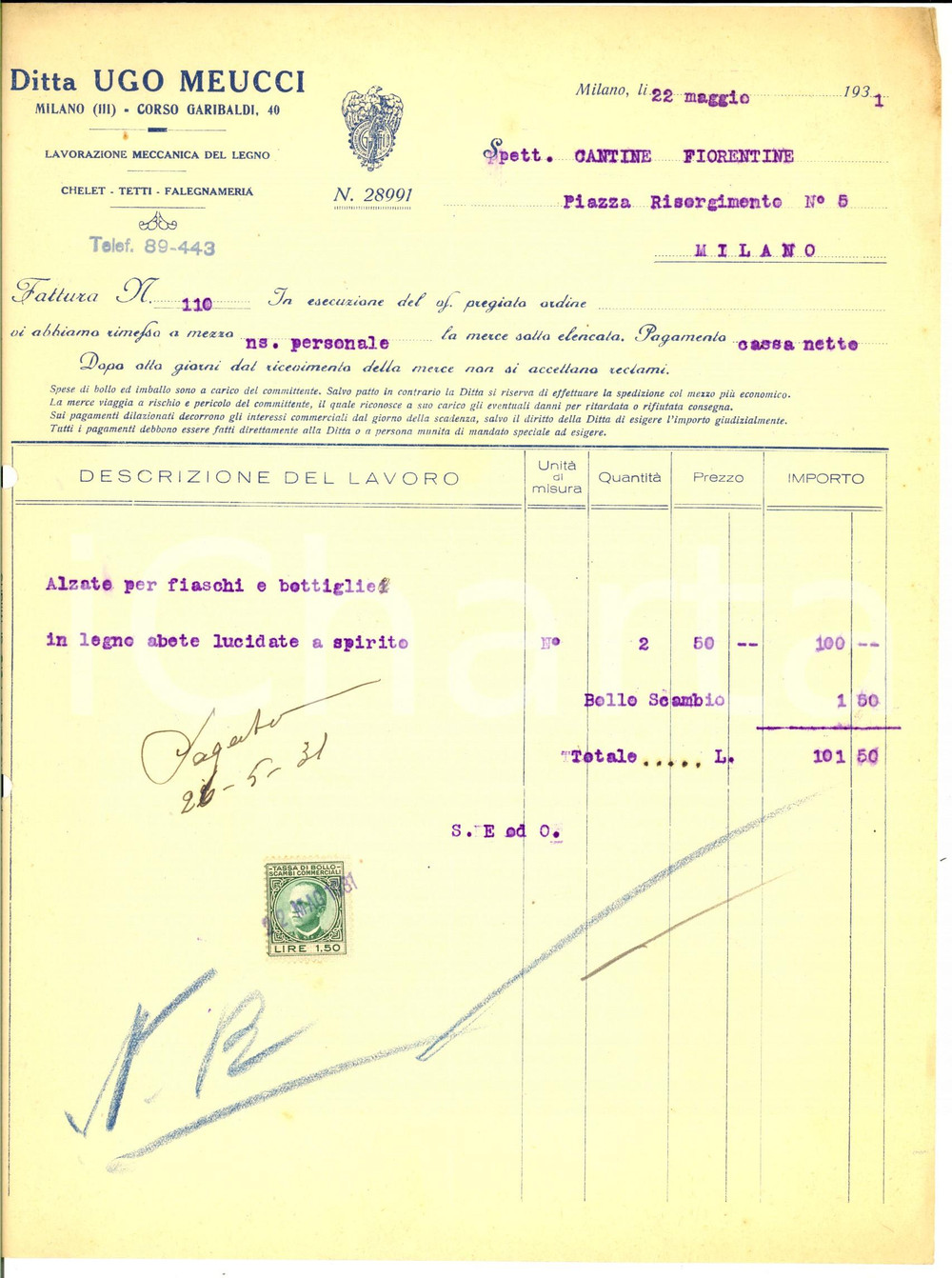 Documento originale, autentico 1931 MILANO Ditta Ugo MEUCCI lavorazione legno Fattura per alzate fiaschi 1