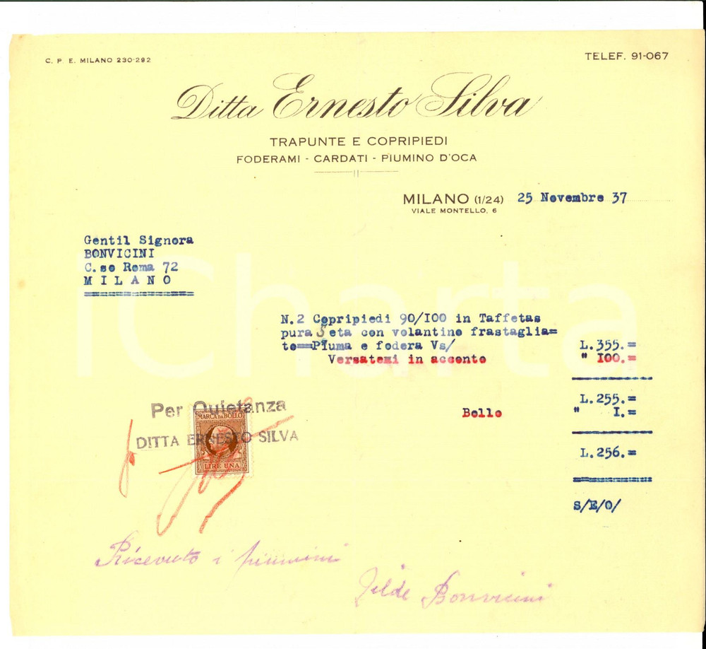 Documento originale, autentico 1937 MILANO Ditta Ernesto SILVA Trapunte e copripiedi Fattura con bollo 1
