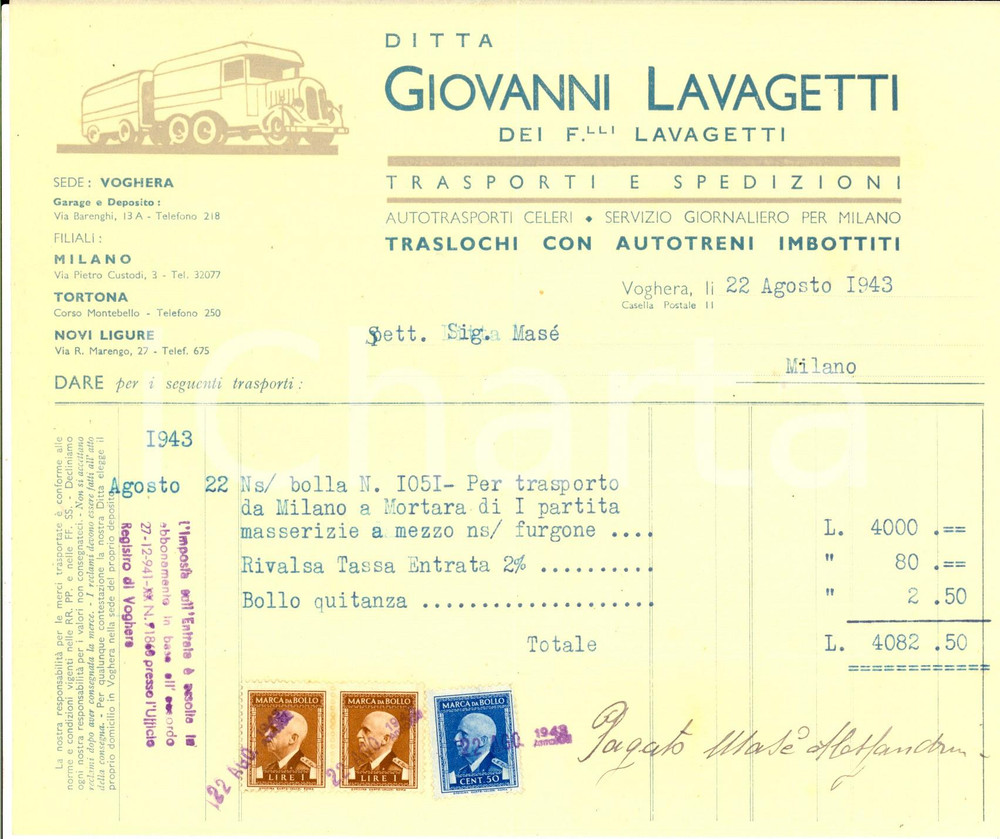 Documento originale, autentico 1943 VOGHERA PV Ditta Giovanni LAVAGETTI Trasporti Fattura intestata bolli 1