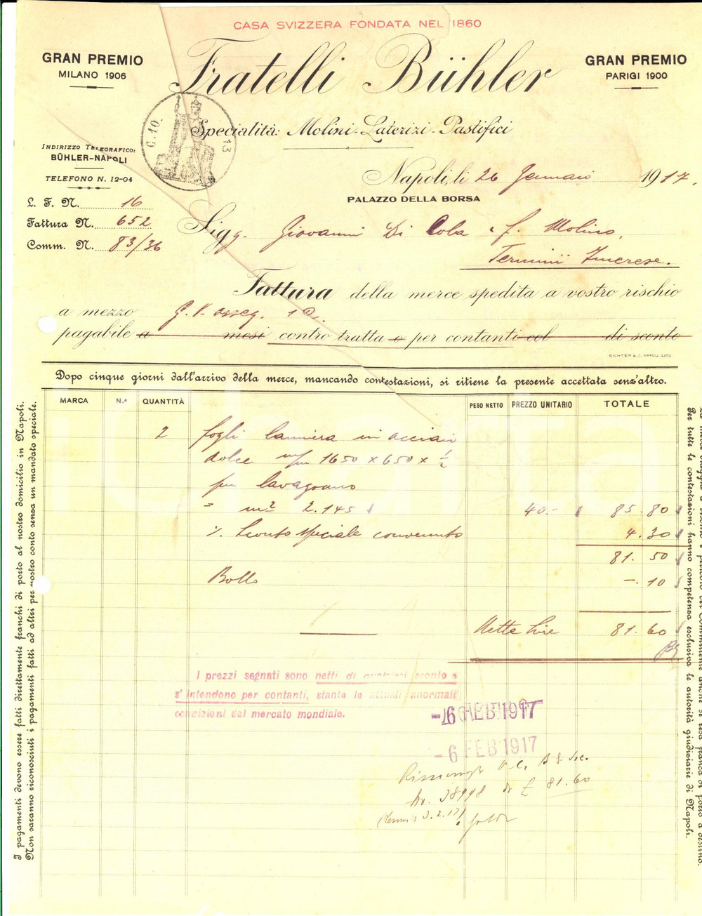 Documento originale, autentico 1917 NAPOLI Ditta Fratelli BUHLER Molini  Laterizi Fattura intestata 1