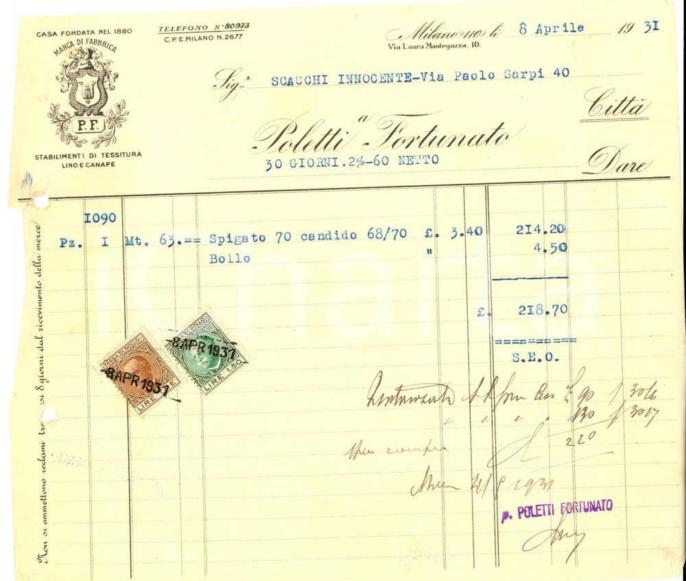 Documento originale, autentico 1931 MILANO Ditta Fortunato POLETTI Tessitura lino e canape Fattura con bolli 1