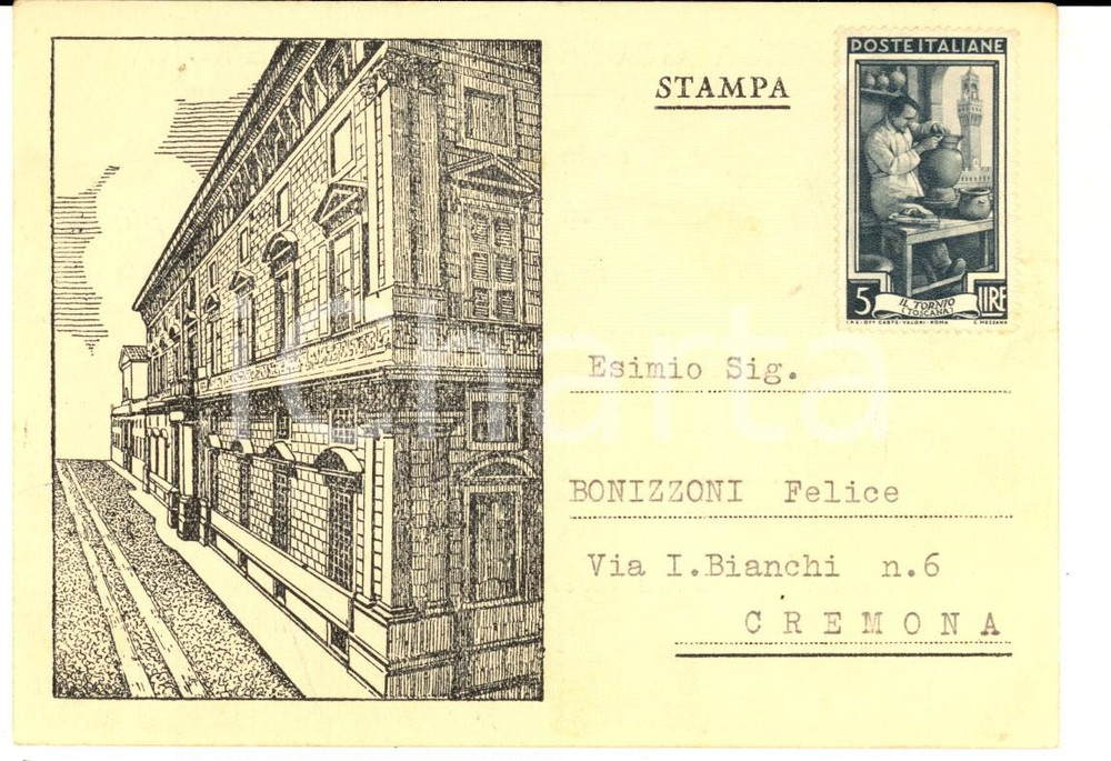 Cartolina originale da collezione 1952 CREMONA Biblioteca Governativa  Cartolina per ringraziamento donazione 1