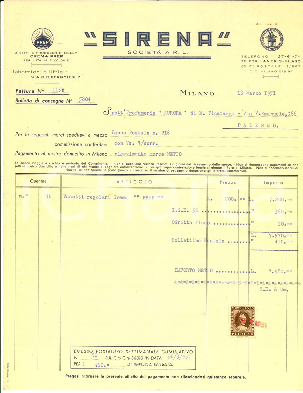 Documento originale, autentico 1951 MILANO SocietÃ  SIRENA  Fattura intestata per vasetti crema PREP 1