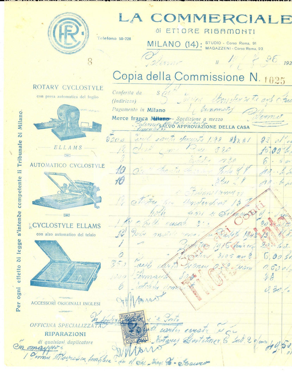 Documento originale, autentico 1926 MILANO Ditta LA COMMERCIALE  Cedola commissione su velina 1