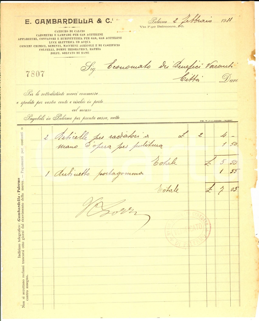 Documento originale, autentico 1911 PALERMO Ditta E. GAMBARDELLA Lampade per gas Fattura radiatori 1