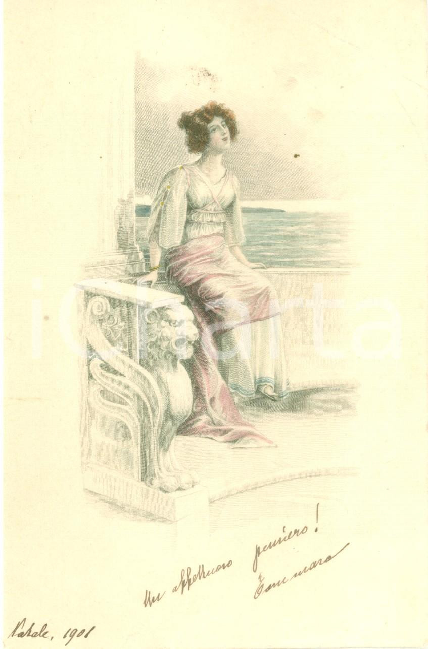 Oggetto da collezione cartaceo 1901 BUON NATALE Innamorata in terrazza sul golfo Cartoncino auguri ILLUSTRATO 1