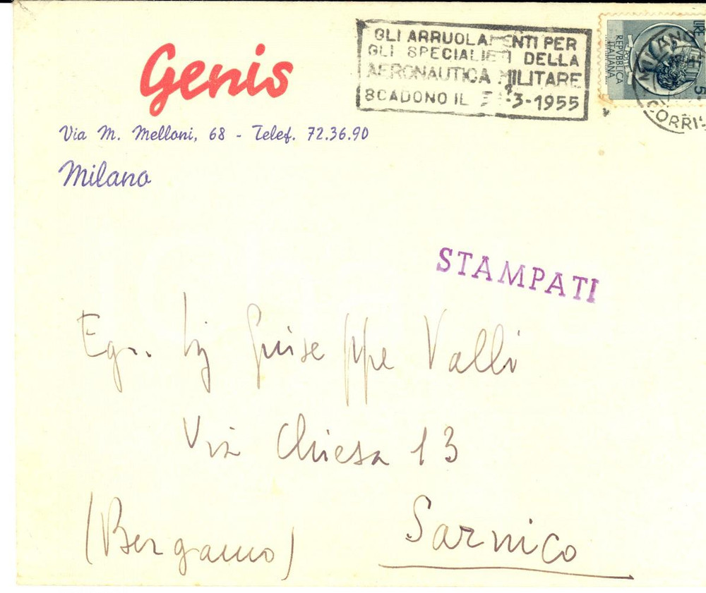 Materiale pubblicitario d’epoca 1955 MILANO Busta intestata GENIS Timbro arruolamenti AERONAUTICA MILITARE 1