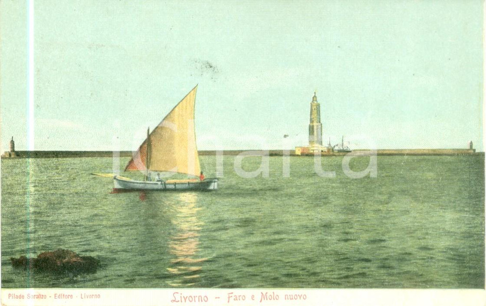 Cartolina originale da collezione 1900 ca LIVORNO Faro e molo nuovo Timbro Hotel D ANGLETERRE Cartolina FP VG 1