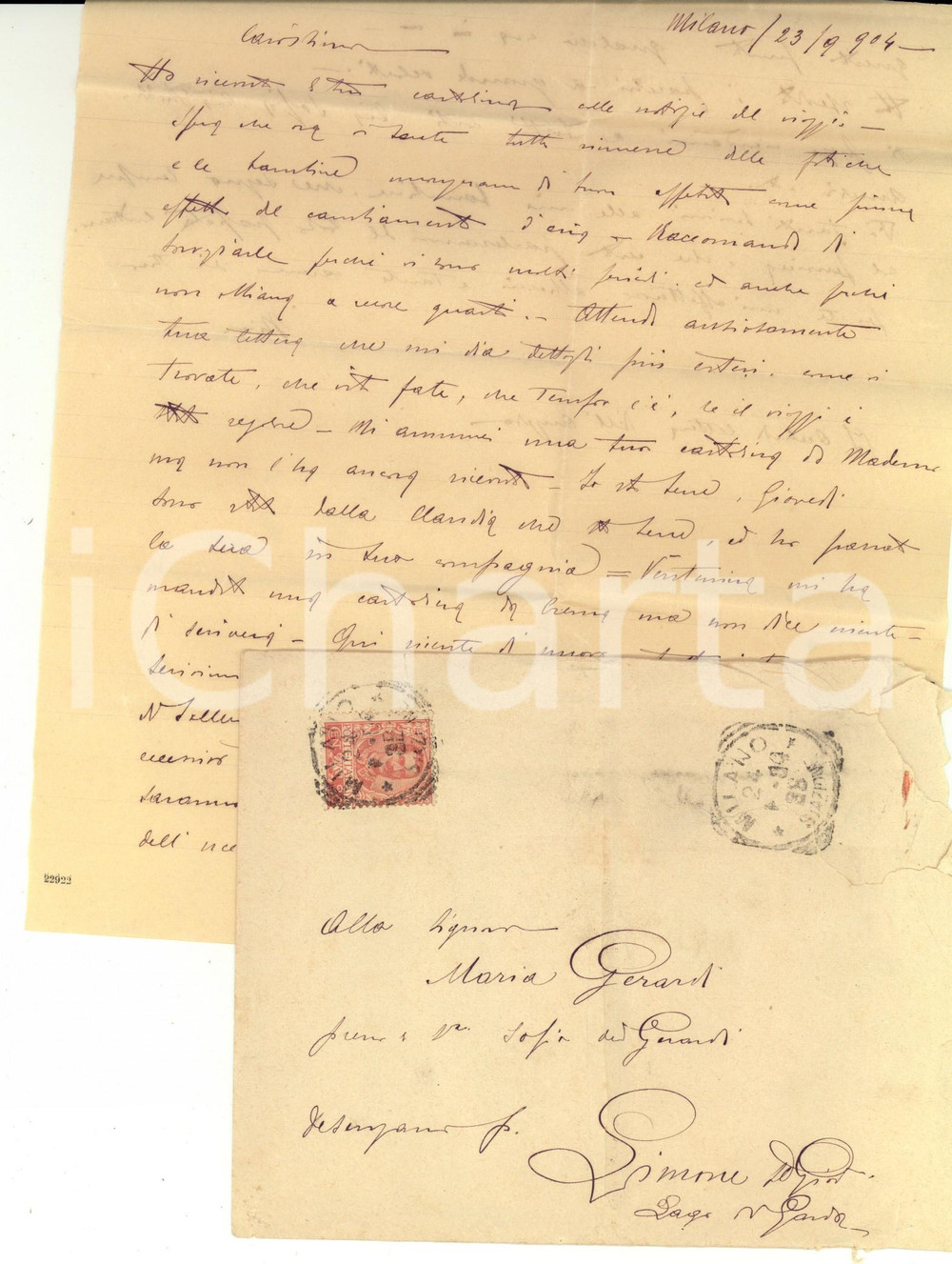 Manoscritto, lettera originale 1904 MILANO Lettera ing. Gian Bonaventura GERARDI in trasferta alla moglie Maria 1