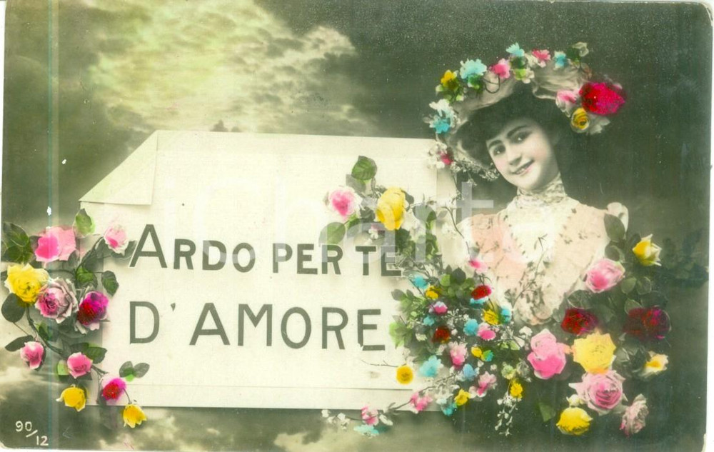 Cartolina originale da collezione 1908 INNAMORATI Ragazza con fiori Ardo per te d amore Cartolina FP VG 1