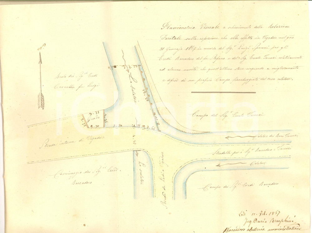 Documento originale, autentico 1867 VIGADORE LODI Perizia su campo di Ercole TARENZI ed eredi BOCCADORO 1