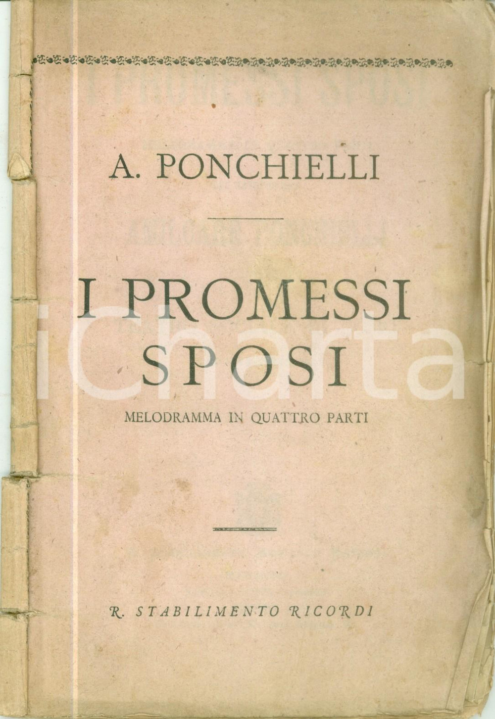 Oggetto da collezione cartaceo 1874 Aristide PONCHIELLI I Promessi Sposi Melodramma RICORDI DANNEGGIATO 1