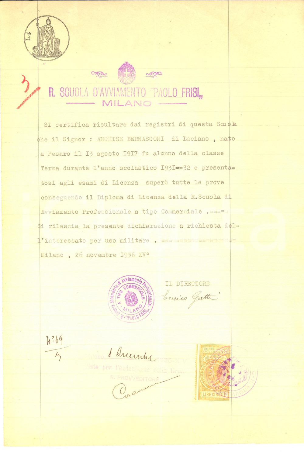 1936 MILANO Scuola Avviamento PAOLO FRISI Licenza ad Anchise BERNASCONI