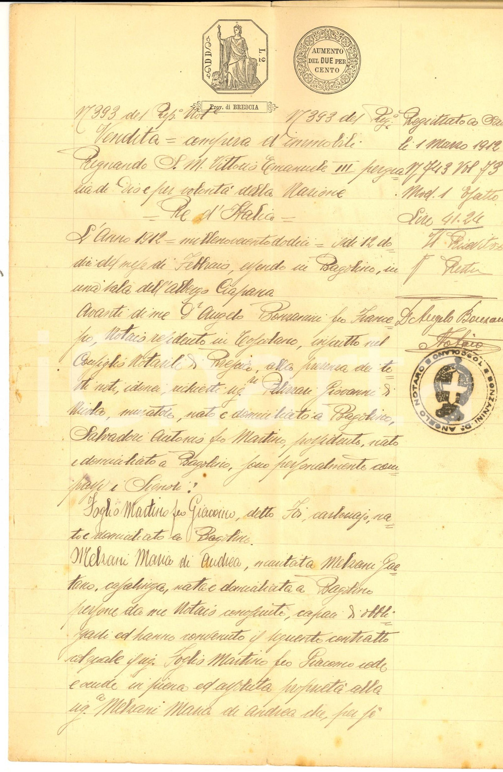 Documento originale, autentico 1912 BAGOLINO BS Martino FOGLIO vende a Maria MELZANI casa e fondaco 1