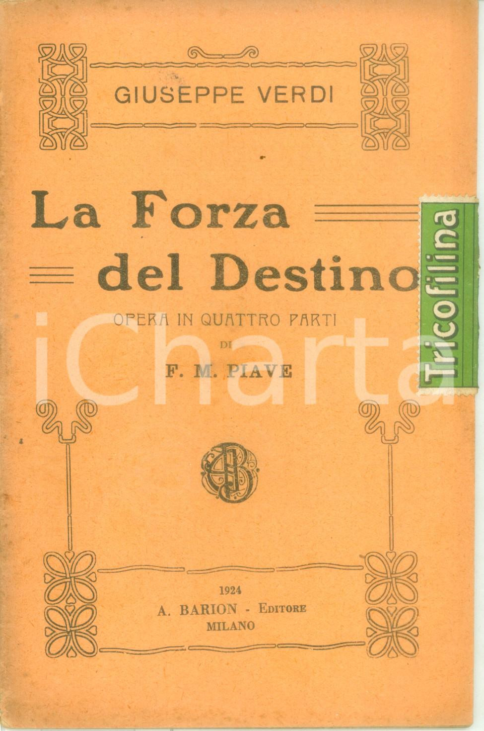 Oggetto da collezione cartaceo 1924 Giuseppe VERDI Francesco Maria PIAVE La Forza del Destino Edizioni BARION 1