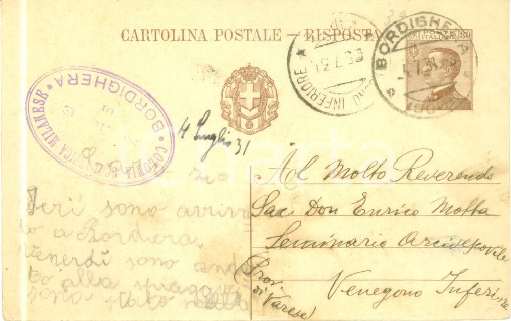 Cartolina originale da collezione 1931 BORDIGHERA IM Colonia Scolastica Milanese Cartolina postale FP VG 1