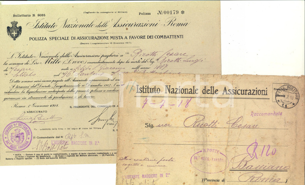 Documento originale, autentico 1918 WWI ROMA Istituto Nazionale delle Assicurazioni  Polizza Cesare RICOTTI 1