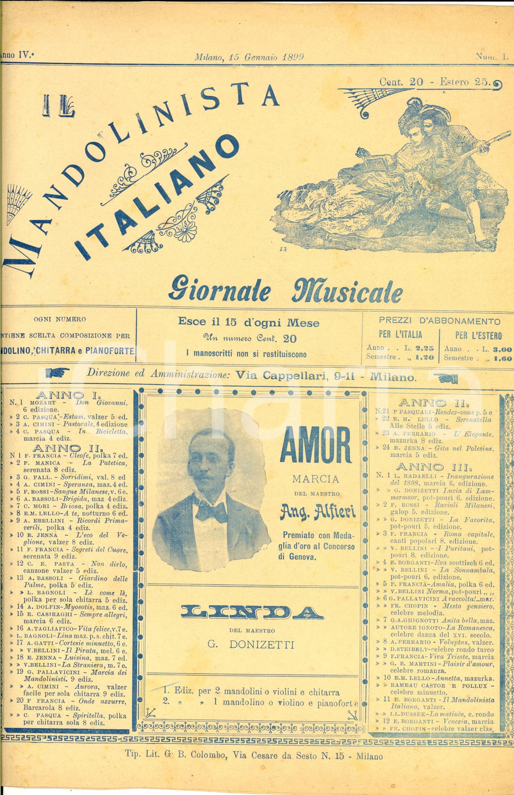 Oggetto da collezione cartaceo 1899 IL MANDOLINISTA ITALIANO Spartito DONIZETTI Linda di Chamounix Anno IV n°1 1